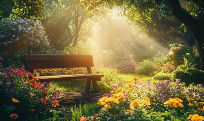Peaceful garden view with a rustic wooden bench surrounded by colorful flowers, golden sunlight streaming through the trees.