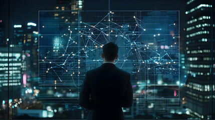 Businessman Analyzing City Data Visualization With Futuristic Digital Interface In Modern Office At Night