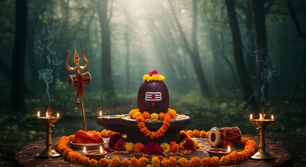 Sacred Shiva Lingam in a Mystical Forest: A Divine Offering of Light, Flowers, and Devotion
