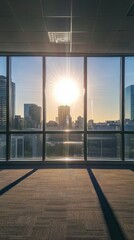 Sunlit urban view through expansive office windows