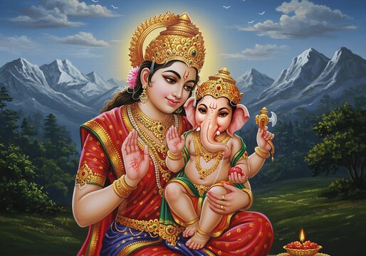 Divine Mother Parvati Cradling Lord Ganesha: A Serene Depiction of Maternal Love and Blessings in a Sacred Himalayan Setting