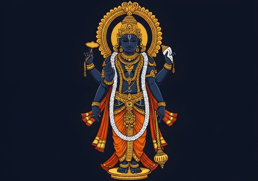 Divine Illustration of Lord Vishnu: The Preserver of the Universe Adorned in Gold and Orange Attire, Holding the Conch, Discus, Mace, and Lotus