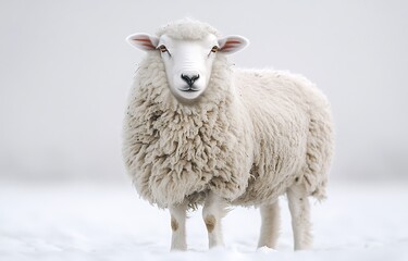 Fototapeta premium Fluffy White Sheep Standing on Snowy Ground in a Misty Landscape
