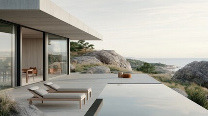 Fototapeta premium Luxurious Scandinavian villa overlooking serene coastal landscape with modern design and natural beauty