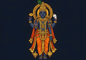 Divine Illustration of Lord Vishnu: The Preserver of the Universe Adorned in Gold and Orange Attire, Holding the Conch, Discus, Mace, and Lotus