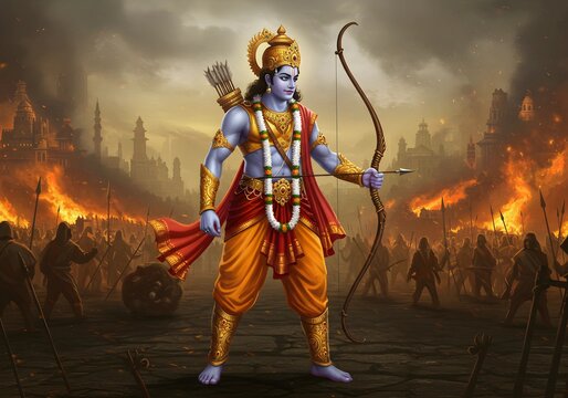Lord Rama, the Divine Warrior: A Majestic Depiction of the Prince of Ayodhya in Battle Stance, Wielding His Bow and Arrow Amidst the Fiery Destruction of Lanka