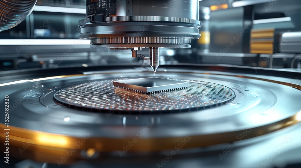 Poster microchip production, precision robotic arm placing a microchip onto a wafer.