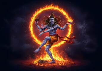 Fototapeta premium Divine Depiction of Lord Shiva as Nataraja: The Cosmic Dance of Destruction and Creation Surrounded by a Ring of Sacred Fire