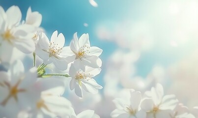 Obraz premium White cherry blossom sakura in spring time against blue sky. Nature background. Soft focus