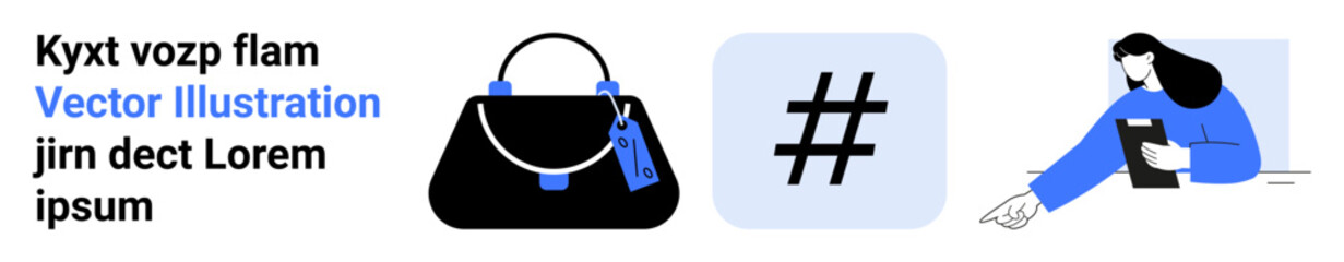 Handbag with bright tags, bold metadata tag symbol, woman reading on floor holding book. Ideal for fashion, social media, hashtags, reading promotion, education, lifestyle flat landing page banner