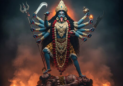 Goddess Kali in Her Fierce Form: A Powerful Depiction of the Divine Warrior Standing Over Lord Shiva
