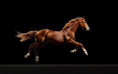 Fototapeta premium Chestnut horse in dynamic motion against a black background. The horse's coat gleams, mane and tail flowing. Dramatic lighting highlights the horse's powerful muscles