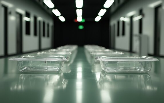 Rows of clear plastic containers on a green surface inside a cleanroom. Fluorescent lights illuminate the long corridor