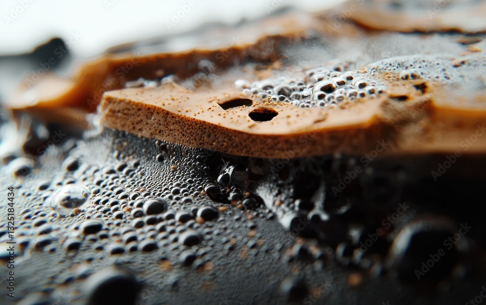 Poster close-up of brown porous objects with water droplets on a dark surface. the texture is rough and sli