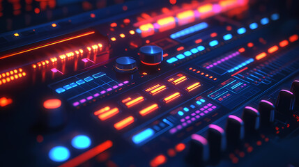 Neon synth panel: a futuristic audio mixer with glowing buttons and knobs. prepare for sonic bliss!. Sonic Glow. Illustration