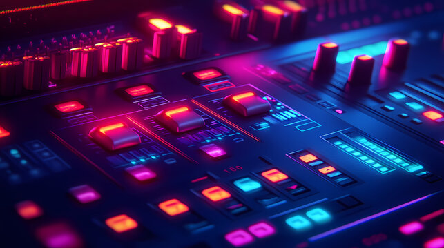 Neon synth panel: a futuristic audio mixer with glowing buttons and knobs. prepare for sonic bliss!. Sonic Glow. Illustration