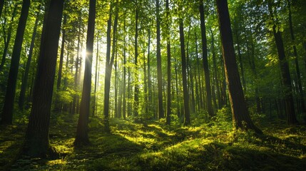 Fototapeta premium Beautiful green forest with tall trees and sunlight filtering through