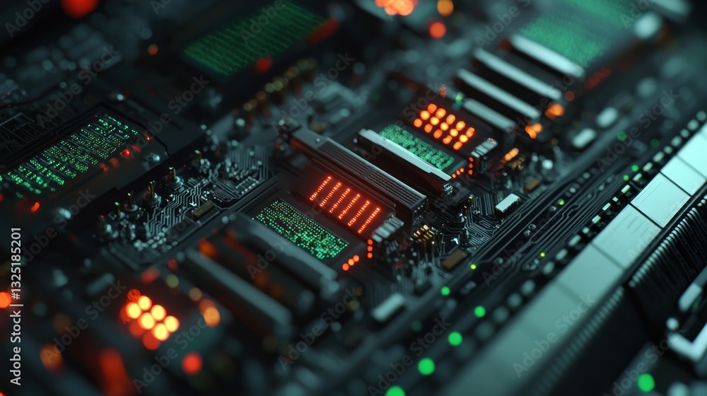 Poster close-up of illuminated circuit board with glowing components. (1)