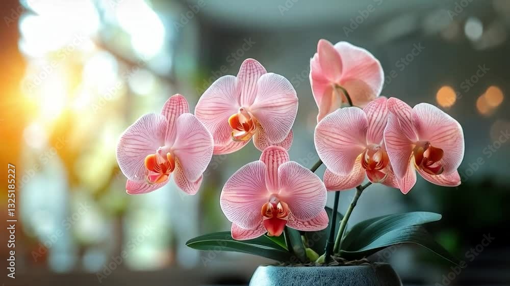 Fototapete a stunning display of pink orchids in a simple gray pot sits on a kitchen countertop. the warm sunli