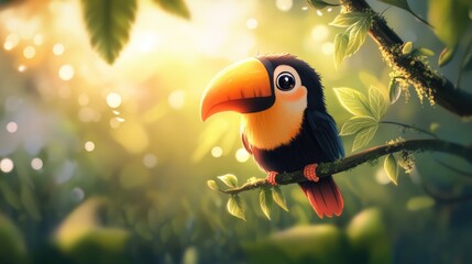 A Cute Cartoon Toucan Bird Perched On A Lush Green Branch