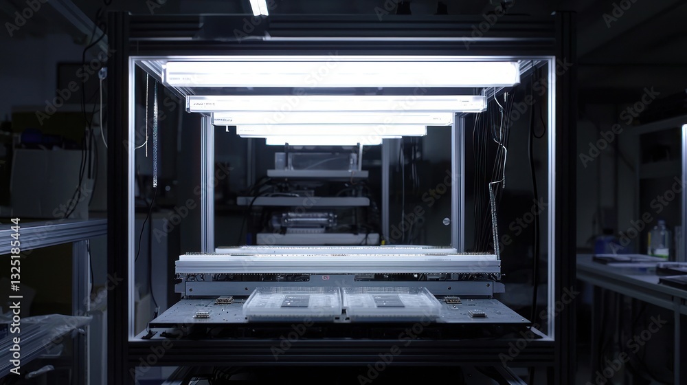 Poster illuminated laboratory equipment with multiple rectangular panels under fluorescent lights.