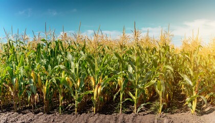 a furrow with a rich crop of corn with many ripe yellow ears of corn