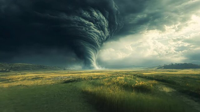 Dramatic tornado swirling across serene landscape under dark skies