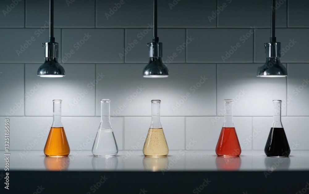 Poster five erlenmeyer flasks containing different colored liquids sit on a lab counter illuminated by hang