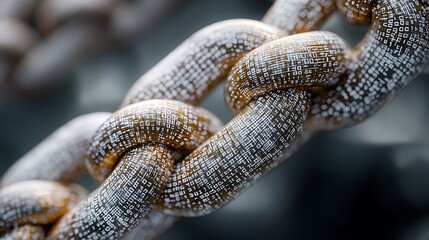 Digital Blockchain Chain with Glowing Data Patterns, Close-up of a digital blockchain chain with glowing data patterns on a dark, rocky background