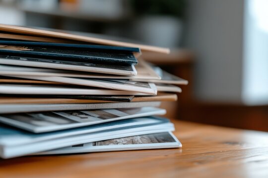 A meticulously arranged stack of photobooks rests on a wooden table, showcasing captured memories and stories encapsulated in images waiting to be explored.