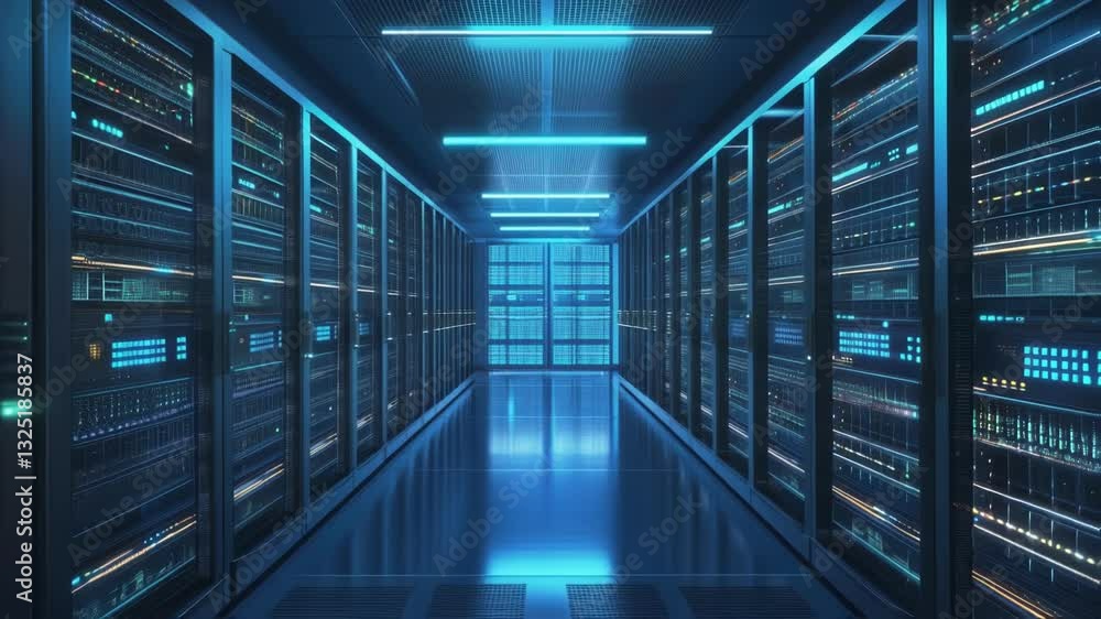 Poster futuristic server room hosting big data with innovative engineering, featuring glowing blue lights a