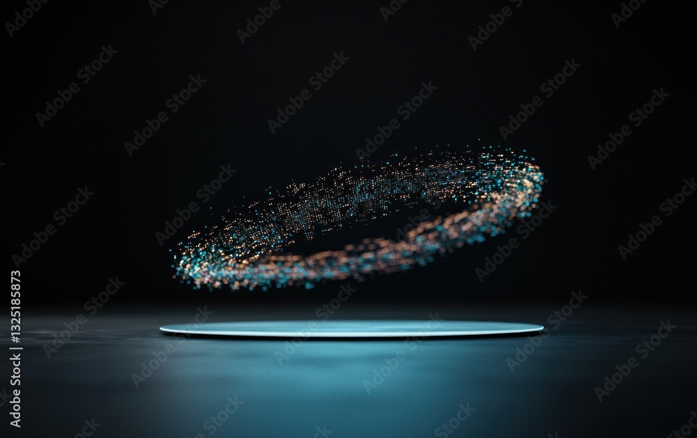 Poster abstract image of colorful particles swirling in a circular motion above a dark, reflective surface.
