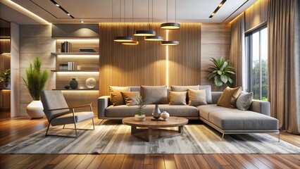 Fototapeta premium Modern Living Room Interior 3D Render with Long Exposure Effect for Stylish Home Design, Contemporary Decor, and Cozy Atmosphere, Perfect for Interior Design Inspiration and Visualization
