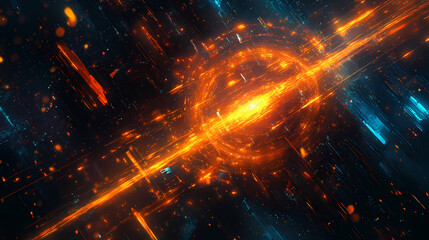Obraz premium The image contains numerous glowing orange and blue lines radiating outward from a central dark area, creating a sense of speed and dynamism. Sonic Glow. Illustration