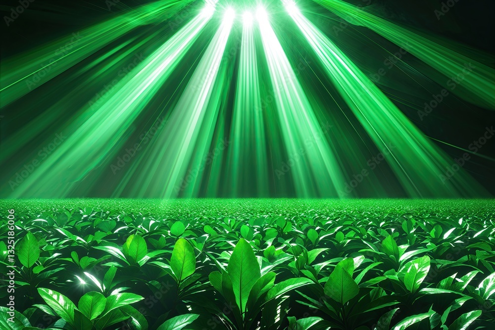 Poster lush emerald landscape with dynamic light rays in vector art design