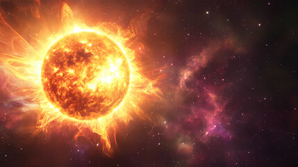 Obraz premium The sun in space, realistic photo. space, galaxy concept. close-up. sonic flare. Sonic Glow. Illustration