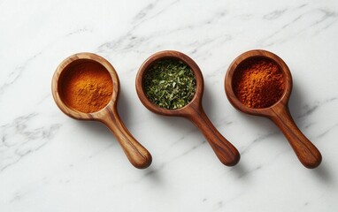 Three wooden spoons filled with various spices on a marble surface.  The spoons contain orange, green, and red spices. Top view