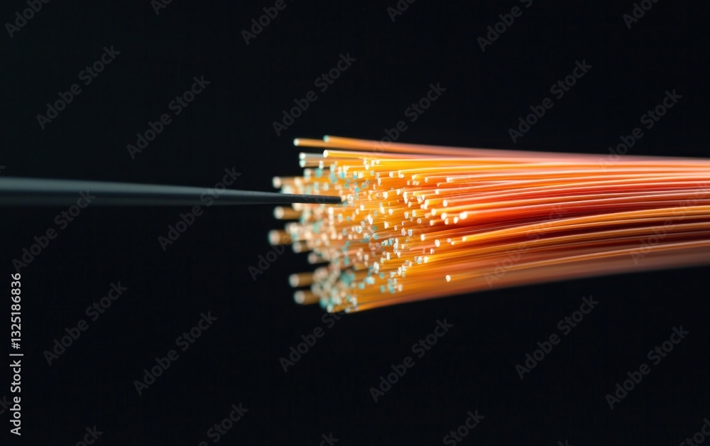 Poster close-up view of numerous thin, orange and red strands converging towards a single, dark point again