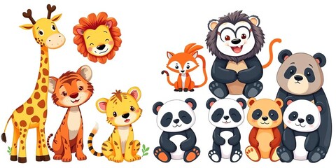 Naklejka premium Adorable cartoon giraffes, lions, tigers, monkeys, foxes, pandas, and bears on white, fabric, toddler
