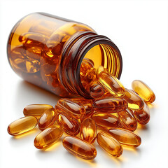 Spilled omega-3 fish oil capsules on white background  
