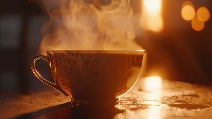 Steaming hot drink in vintage cup by fireplace.