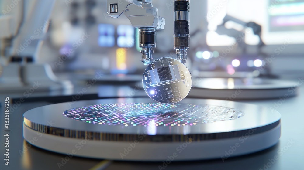 Poster robotic arm handling microchip on silicon wafer.