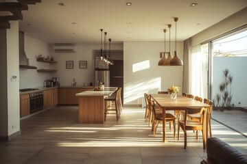 Fototapeta premium A welcoming open-concept kitchen and dining room with natural light streaming in and warm overhead lighting