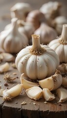 Fresh Purple Garlic on Wooden Plate