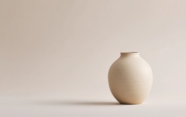 Cream-colored ceramic vase with speckled detailing against a beige background. Simple, minimalist aesthetic