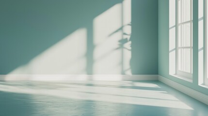 Obraz premium Sunlight streams into a minimalist room with pale teal walls and floor.