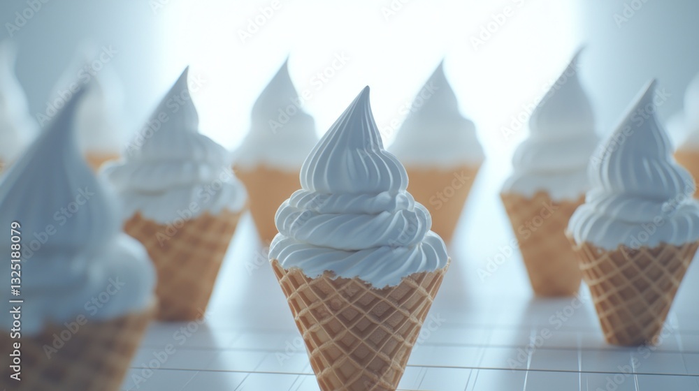 Poster close-up of multiple white soft serve ice cream cones.