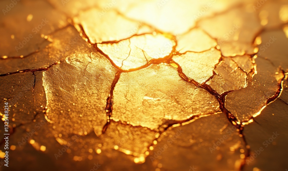 Aufkleber textured abstract composition of cracked golden clay illuminated by warm light, creating a rustic an