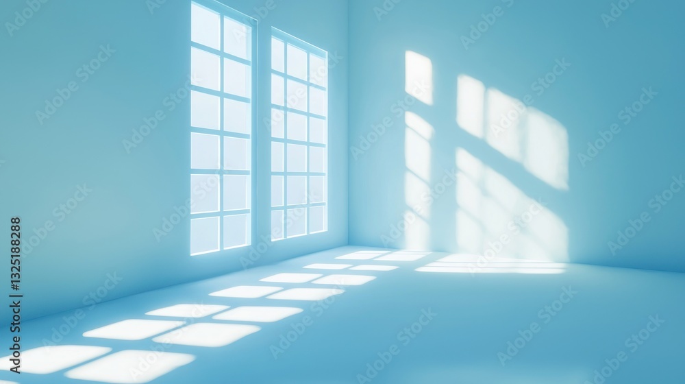 Poster sunlit empty room corner with large windows.