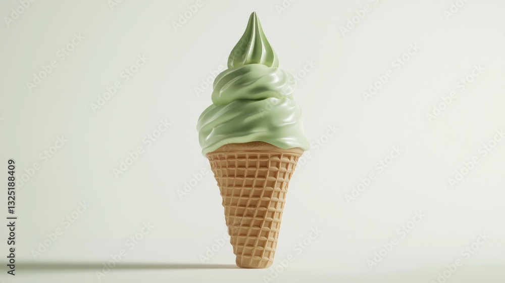 Poster a single scoop of light green soft serve ice cream in a waffle cone.
